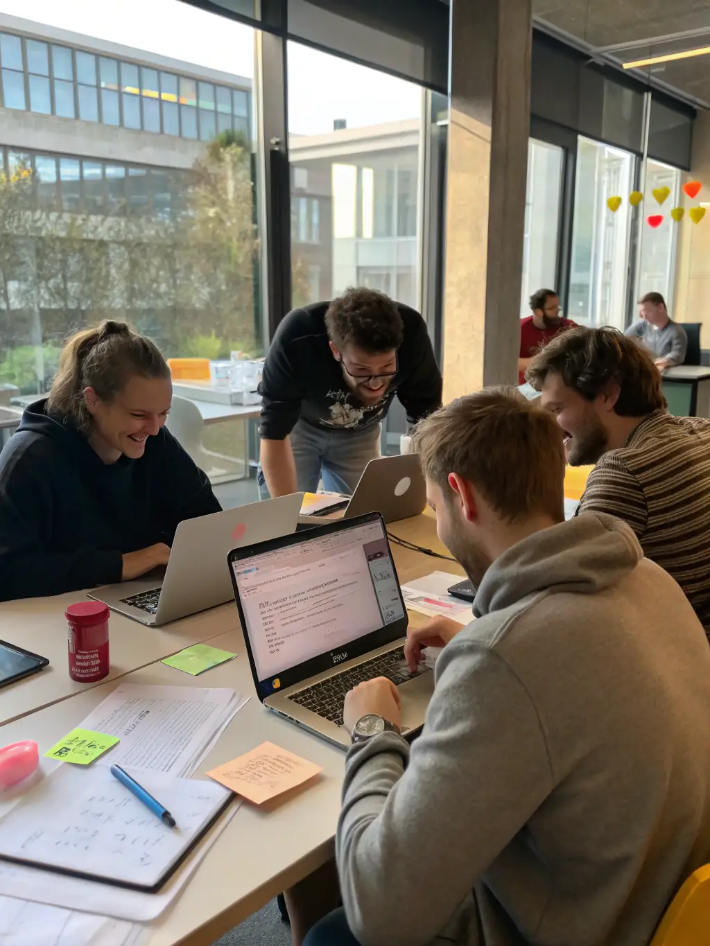 A dynamic image depicting a software development team engaged in coding and project management, highlighting the agile methodologies used in the Software Factory Services.